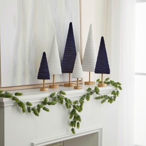 Navy pedestal velvet cones set of 3, everyday mantel décor, blue Christmas tablescape, wedding centerpiece, modern farmhouse, patriot decor image 4