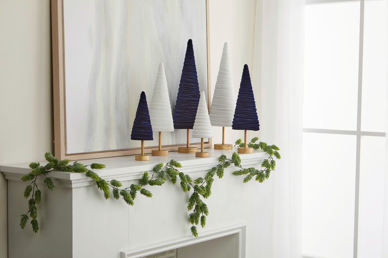 Navy pedestal velvet cones set of 3, everyday mantel décor, blue Christmas tablescape, wedding centerpiece, modern farmhouse, patriot decor image 4