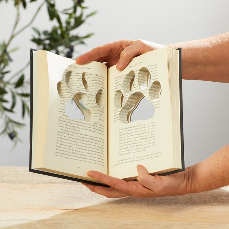 Paw print shelf sitters, cute dog lover gift for women, repurposed books, dog bookshelf decor, cut book shapes, book gifts for book lovers image 4