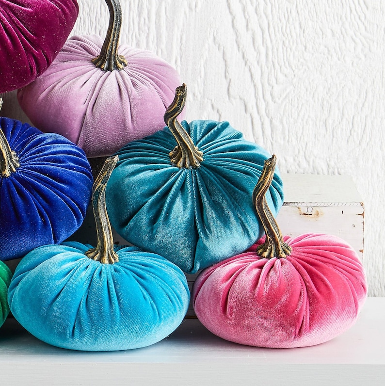 SMALL Rainbow Velvet Pumpkins Set of 10, Eclectic Home Decor, Colorful Centerpiece for Table, LGBT Wedding Decor, Bold Modern Mantel Decor image 6