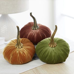 Large Velvet Pumpkins Set of 3, autumn  home decor luxury velvet accent, holiday fall mantel, Thanksgiving table, Avocado green decor, gift