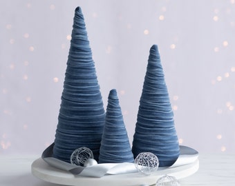 Slate Blue velvet cones set of 3, everyday mantel, blue nursery boy, Christmas tablescape, wedding centerpiece, modern farmhouse, best gift