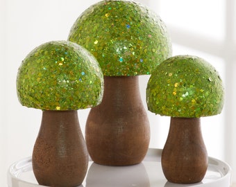 Glitter Mushroom decor set of 3, green glitter mushroom decor, gift for women, tablescape, glam wedding centerpiece, glitz shelf sitters