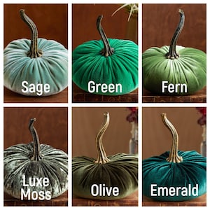 May include: Six velvet pumpkins in various shades of green, including sage, green, fern, luxe moss, olive, and emerald. The pumpkins are all the same size and shape, and they are arranged in a grid pattern.