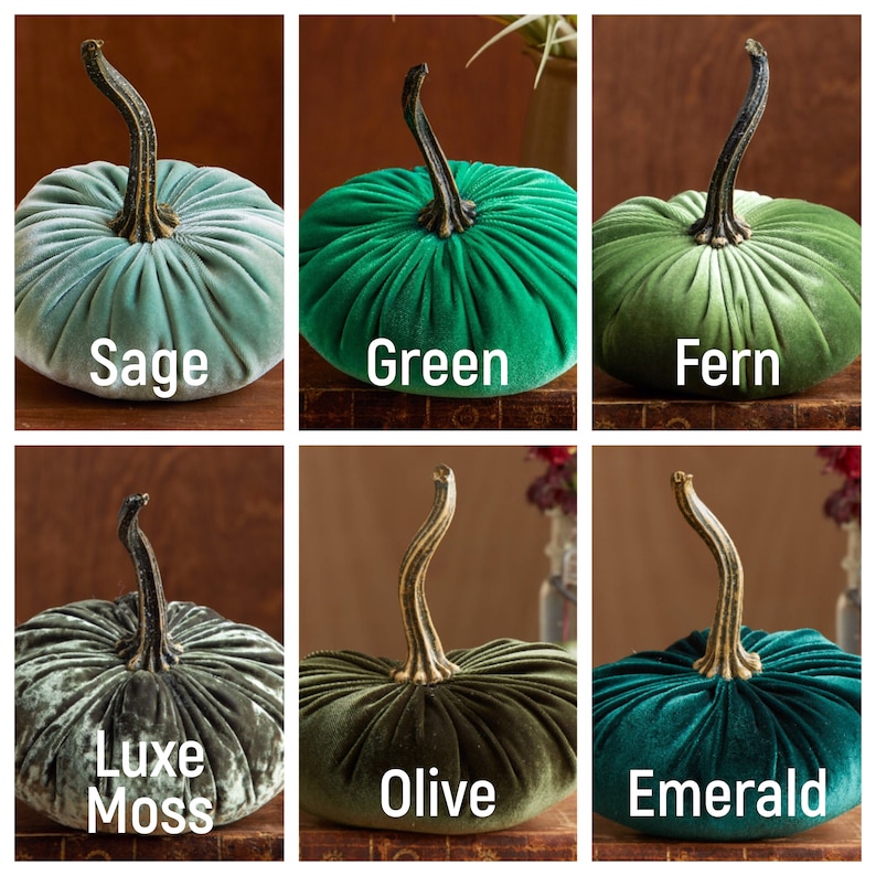 May include: Six velvet pumpkins in various shades of green, including sage, green, fern, luxe moss, olive, and emerald. The pumpkins are all the same size and shape, and they are arranged in a grid pattern.