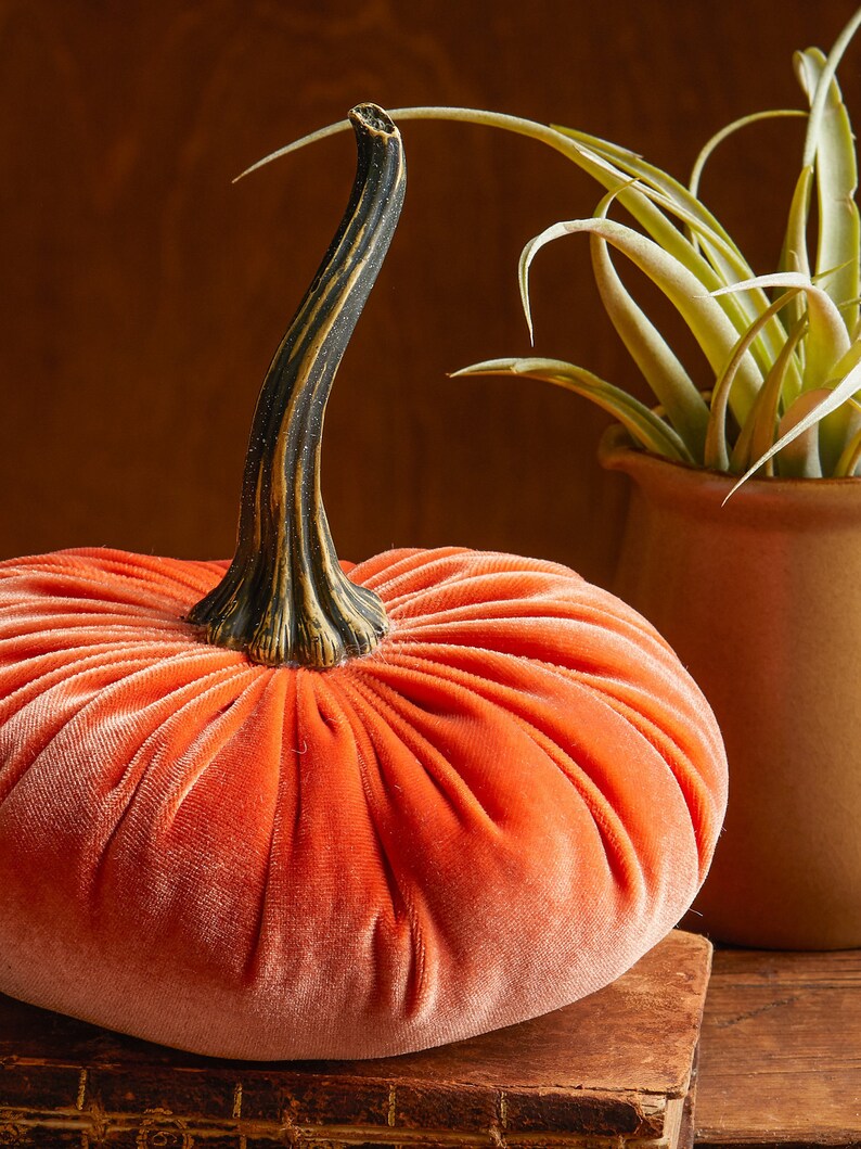 May include: A plush velvet pumpkin with a black and gold stem. The pumpkin is a vibrant orange color and is sitting on a wooden surface.