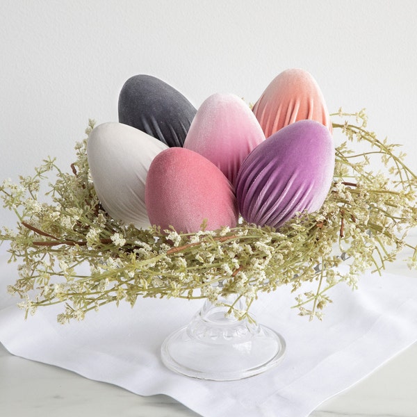 Velvet eggs set of 6, Spring photo props, pastel decor for table, lavender tiered tray decor, pink Spring egg bowl fillers for tablescape