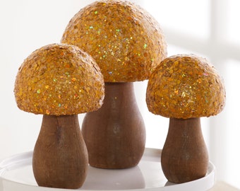 Set di decorazioni a forma di fungo glitterato sfarzoso di 3, articoli per la tavola di nozze d'oro, decorazioni glam, regali di funghi per le donne, decorazioni per la casa eclettiche, stravaganti