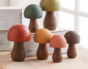 Custom Colors Wood Mushrooms set of 6, woodland mushroom decor, rustic cottage nature lover, unique shelf decor shelf sitters, tablescape