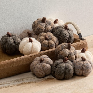 May include: A collection of knitted pumpkins in various shades of brown and cream, with brown stems. The pumpkins are arranged in a wooden tray with a rope handle, creating a cozy, autumnal display. The pumpkins are a decorative item.