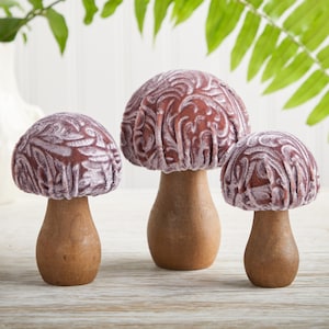 Tapestry Velvet Mushrooms, set of 3, charming nature inspired gift, cottagecore, wooden mushrooms, wood figure, charming, whimsy home decor