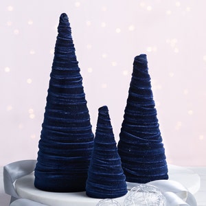 Velvet Cones Set of 3 Navy, Wedding Centerpiece, Minimalist Mantel Decor, Blue Christmas Decor, Tablescape Décor, Holiday Entryway, image 2