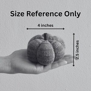 May include: A knitted pumpkin in shades of gray, measuring 4 inches wide and 2.5 inches tall. The pumpkin is held in a hand, with the text "Size Reference Only" above. The pumpkin has a stem and is made of a textured yarn.