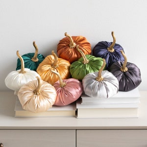 Small Satin Pumpkin with Gold Stem, Home Decor Accessories, Table Centerpiece, Gift, Glam Farmhouse Decor, Fall Wedding Centerpiece