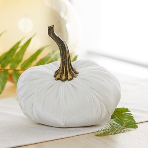 May include: A white velvet pumpkin with a brown and gold stem. The pumpkin is round and has vertical pleats. A green fern leaf is on the right side of the pumpkin. The pumpkin is a decorative item.