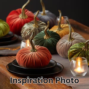 K&ouml;nnte beinhalten: Eine Sammlung von Samt-K&uuml;rbissen in verschiedenen Farben, darunter Rot, Gr&uuml;n, Grau und Braun, sind auf einem Tisch mit schwarzen Tellern und Kerzen angeordnet. Die K&uuml;rbisse sind eine beliebte Herbstdekoration.