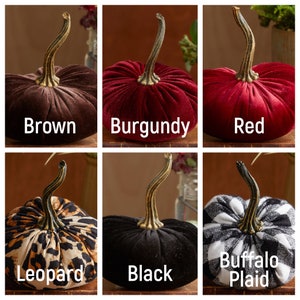 May include: Six velvet pumpkins in different colours and patterns. The pumpkins are brown, burgundy, red, leopard print, black, and buffalo plaid.
