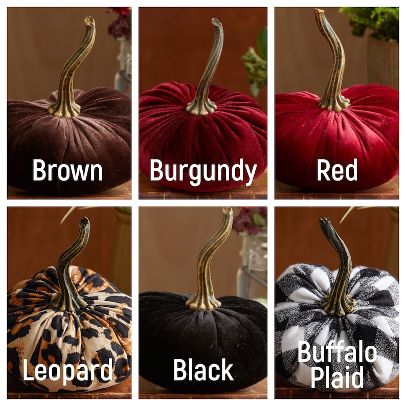 May include: Six velvet pumpkins in different colours and patterns. The pumpkins are brown, burgundy, red, leopard print, black, and buffalo plaid.