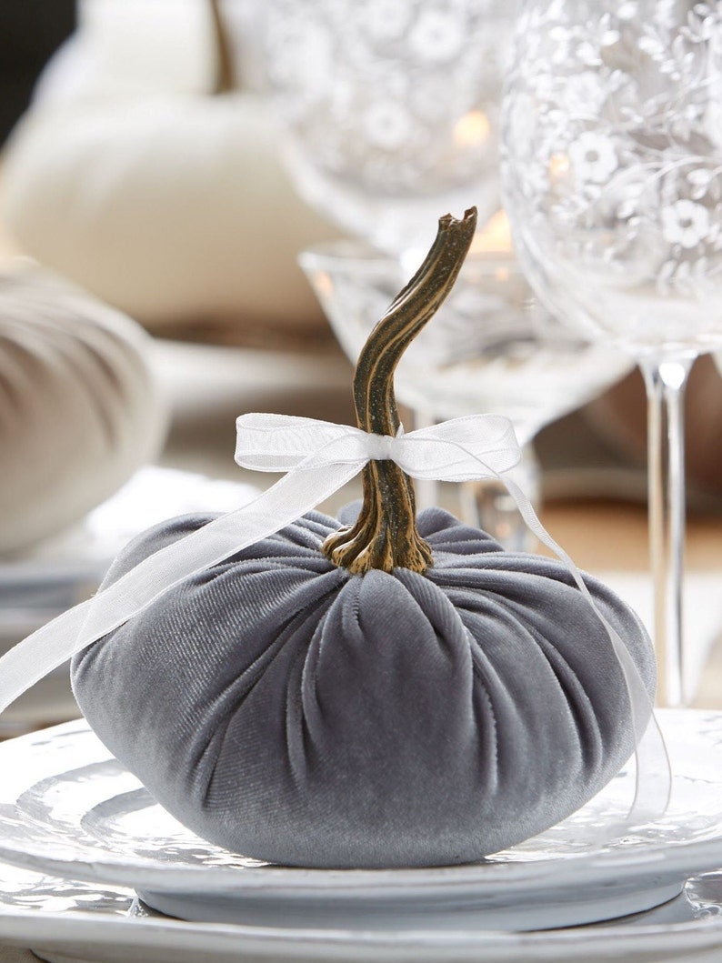 Small Velvet Pumpkin, wedding centerpiece, dessert table decor, home decor trends, barn wedding party favor, best selling item Gray image 8