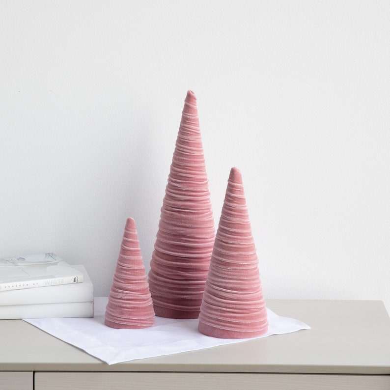 Blush pink velvet cones set of 3, coquette room decor aesthetic shelf decor for nursery, cute home accessories for Mom, Mother's day gifts image 1