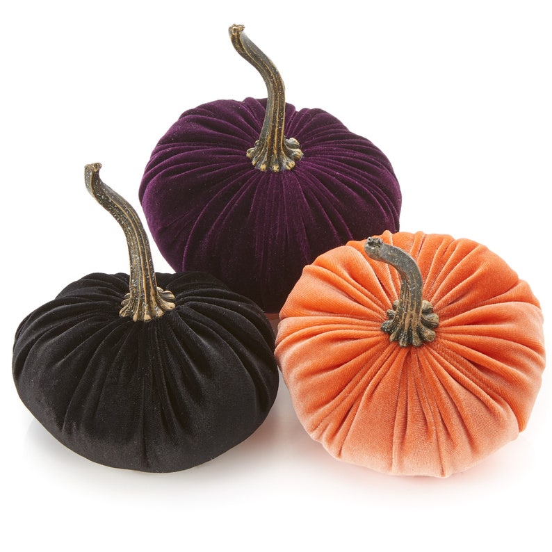 May include: Three velvet pumpkins in black, purple, and orange. The pumpkins have a ribbed texture and are decorated with gold stems.