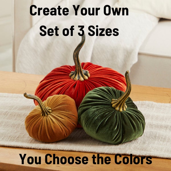 Samtkürbisse: Kreieren Sie Ihr eigenes Set aus 3 verschiedenen Größen und Farben, Herbstdekoration, Tischdekoration, moderne rustikale Hochzeitsdekoration