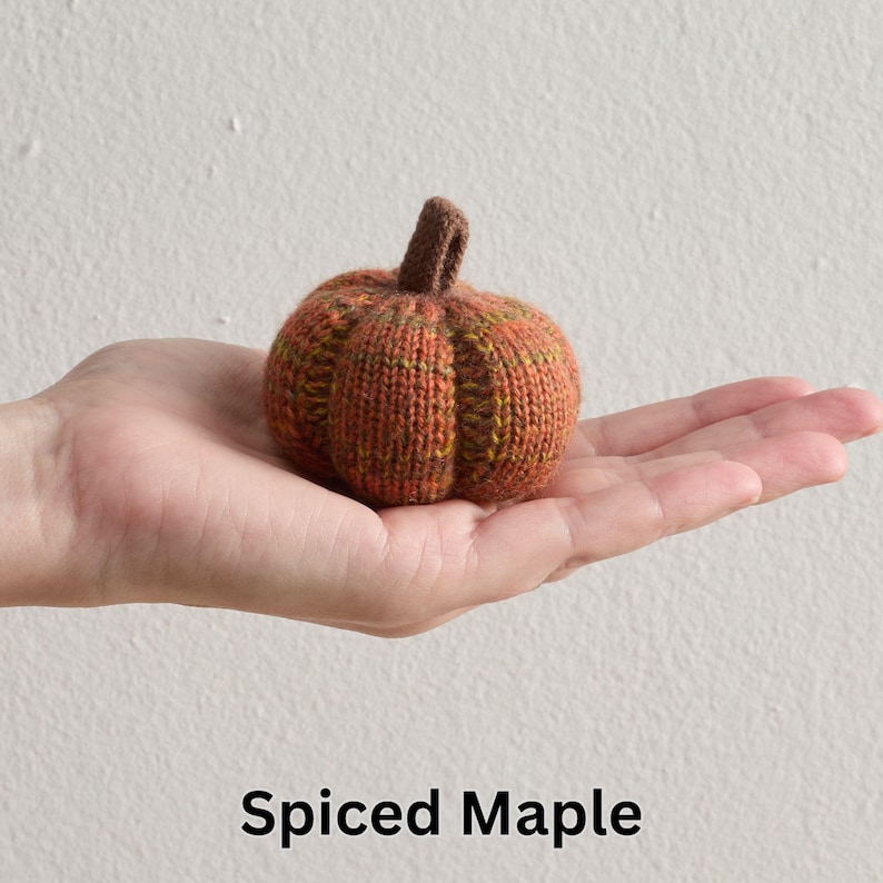 May include: A small, hand-knitted pumpkin in shades of orange, brown, and green, with a textured appearance. The pumpkin is held in a hand, and the text "Spiced Maple" is displayed below the pumpkin.