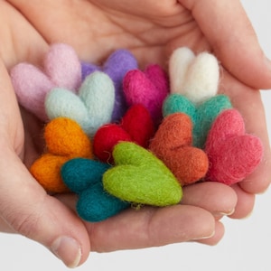May include: A collection of felt hearts in various colors, including pink, purple, red, orange, green, blue, and white. The hearts are arranged in a hand, with the tips of the hearts facing outward.