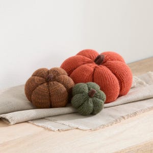 May include: Three knitted pumpkins in varying sizes and colors. The largest is bright orange, the medium is brown, and the smallest is olive green. Each pumpkin features a small, dark brown knitted stem at the center of its rounded, ribbed body.