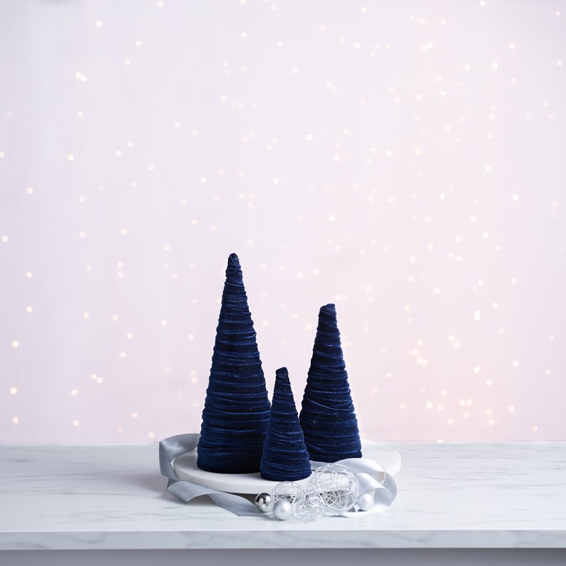 Velvet Cones Set of 3 Navy, Wedding Centerpiece, Minimalist Mantel Decor, Blue Christmas Decor, Tablescape Décor, Holiday Entryway, image 9