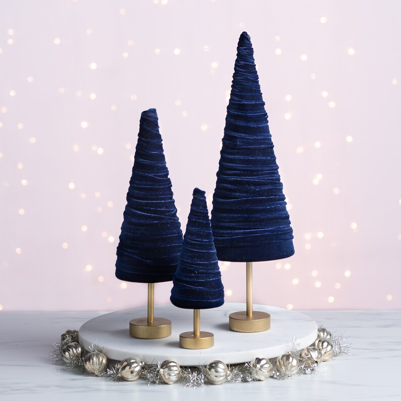 Navy pedestal velvet cones set of 3, everyday mantel décor, blue Christmas tablescape, wedding centerpiece, modern farmhouse, patriot decor image 2