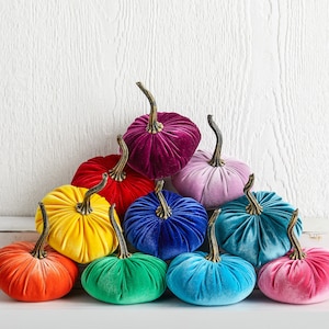 SMALL Rainbow Velvet Pumpkins Set of 10, Eclectic Home Decor, Colorful Centerpiece for Table, LGBT Wedding Decor, Bold Modern Mantel Decor image 3