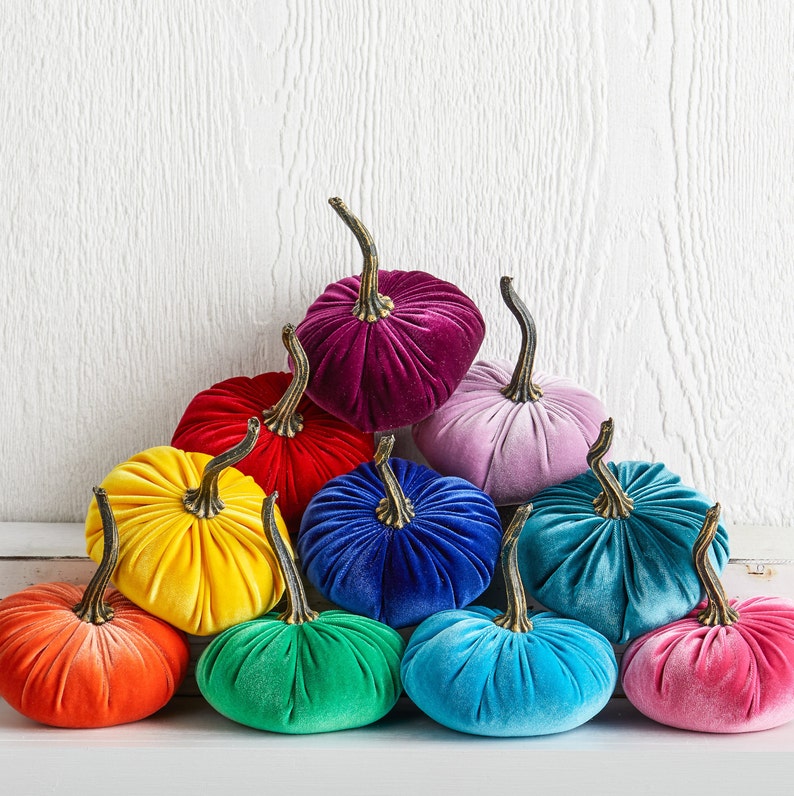 SMALL Rainbow Velvet Pumpkins Set of 10, Eclectic Home Decor, Colorful Centerpiece for Table, LGBT Wedding Decor, Bold Modern Mantel Decor image 3