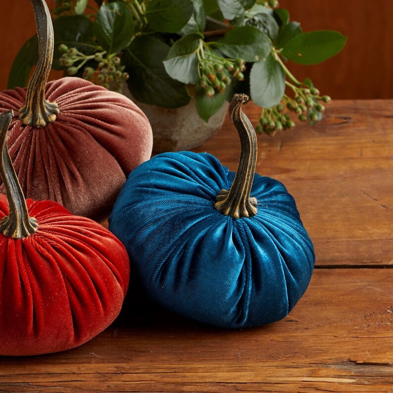 May include: Three velvet pumpkins in different colors: a deep red, a dusty rose, and a teal blue. The pumpkins are arranged on a wooden surface.