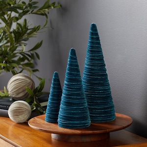 Velvet Cones Set of 3 Teal, minimalist mantel, wedding centerpiece, holiday entry way, rustic winter home, Christmas mantel, tabletop tree