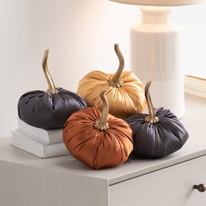 Small Satin Pumpkins with Gold Stem Set of 4, Home Decor Accessories, Table Centerpiece, Glam Farmhouse Decor, Wedding Centerpiece