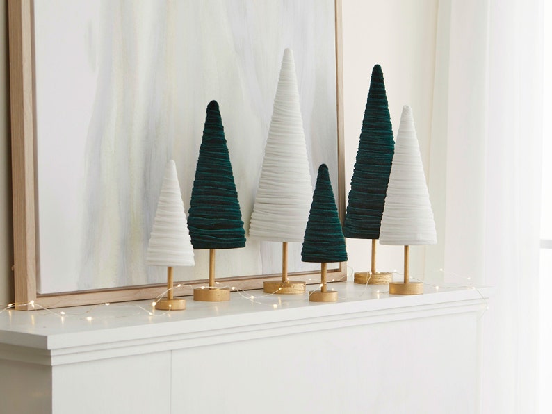 Light Ivory velvet cones pedestal set of 3, wedding centerpieces for tables elegant Mother's day decorations for home, unique shelf accents image 6