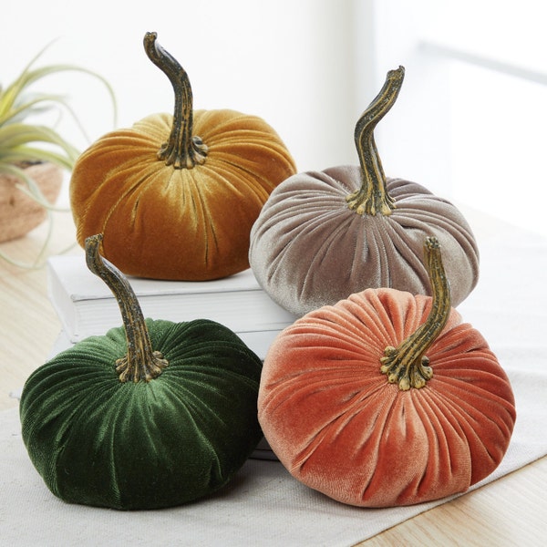 Small Velvet Pumpkins Set of 4, Fall wedding centerpiece, modern rustic wedding decor, shabby chic farmhouse mantle decor, best selling item