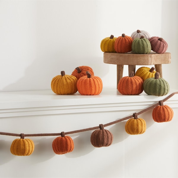 Knit pumpkin garland for mantel 6' garland, fall bookshelf, little pumpkin baby birthday decor, autumn decor garlands, cozy gifts (Honey)