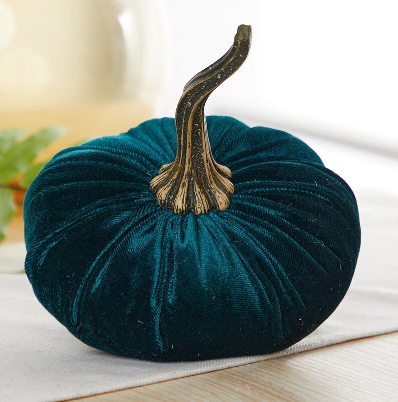 Große Samt Kürbisse 3er Set, Herbst Dekor für Kaminsims, Thanksgiving Tischplatte, Smaragdgrün und Gold Herbst, rustikale Bauernhaus Dekor Bild 3