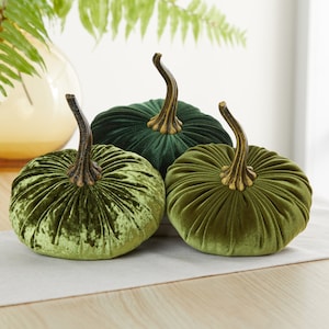 May include: Three velvet pumpkins in shades of green. The pumpkins are decorated with a ribbed texture and have a gold stem.