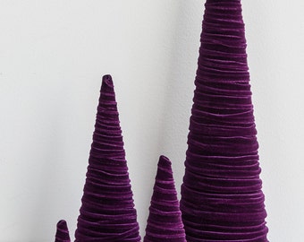 Plum Velvet Cones Set of 4, rustic home decor, shabby chic decor, modern glam, modern decor, wedding decor, best selling item