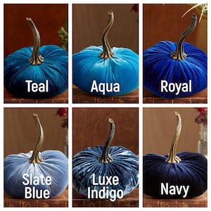 May include: Six velvet pumpkins in various shades of blue, including teal, aqua, royal, slate blue, luxe indigo, and navy. The pumpkins are all the same size and shape, and they are arranged in a grid pattern.