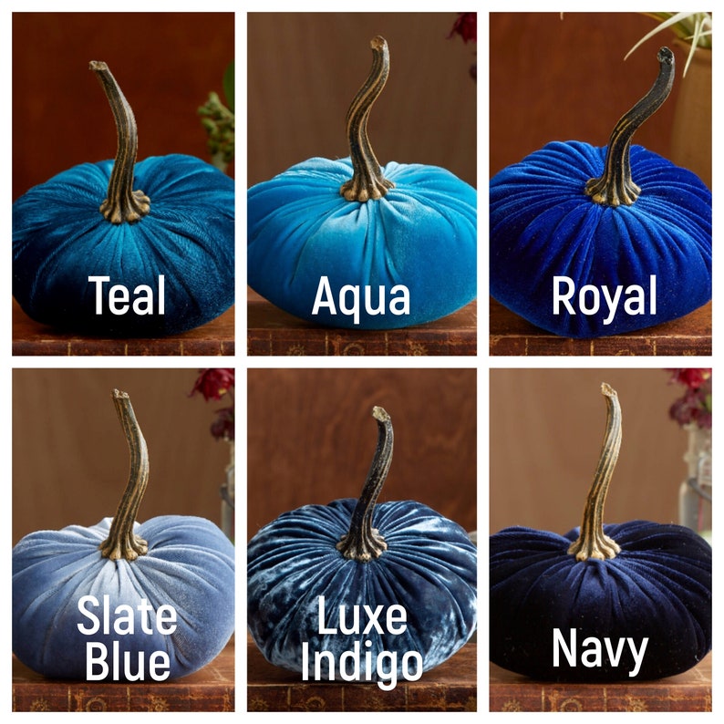 May include: Six velvet pumpkins in various shades of blue, including teal, aqua, royal, slate blue, luxe indigo, and navy. The pumpkins are all the same size and shape, and they are arranged in a grid pattern.