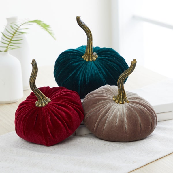 Small Emerald Velvet Pumpkins Set of 3, Jewel Tone Wedding Decor, Burgundy Velvet Bowl Fillers, Eclectic Home Decor, Modern Mantle