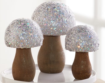 Glitz glitter mushroom decor set of 3, sweet 16 table centerpiece for birthday part, glam decor, silver mushroom gifts for women, whimsical