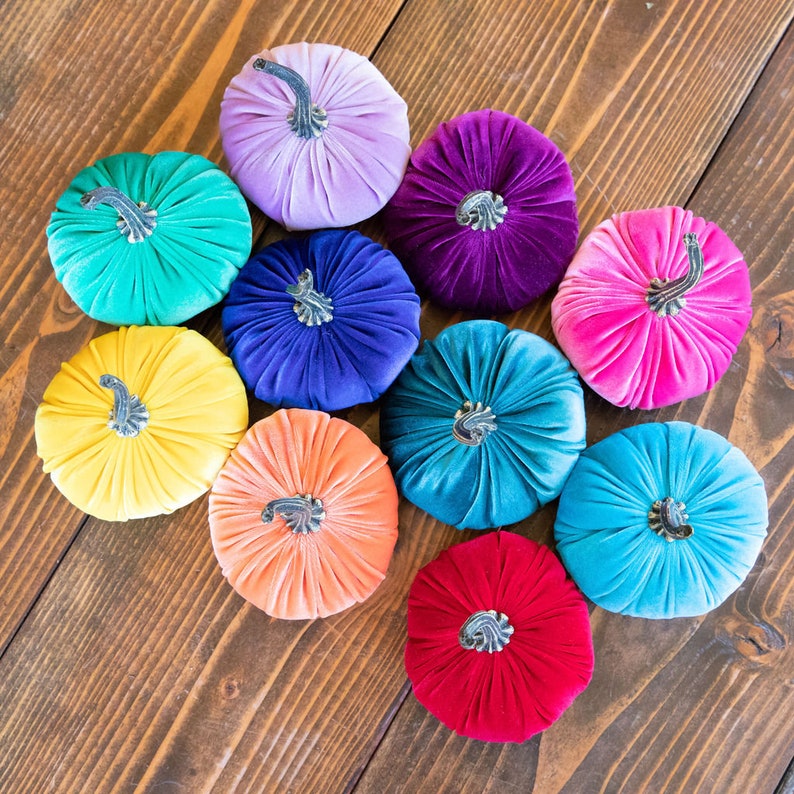 SMALL Rainbow Velvet Pumpkins Set of 10, Eclectic Home Decor, Colorful Centerpiece for Table, LGBT Wedding Decor, Bold Modern Mantel Decor image 7