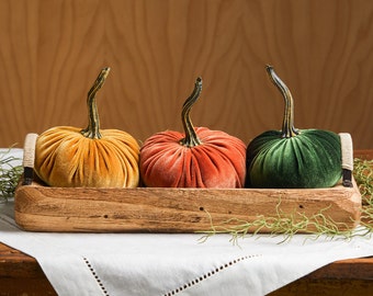 SMALL Velvet Pumpkins and Wood Tray Centerpiece Set, modern rustic farmhouse decor, table centerpiece, gift set, best selling items