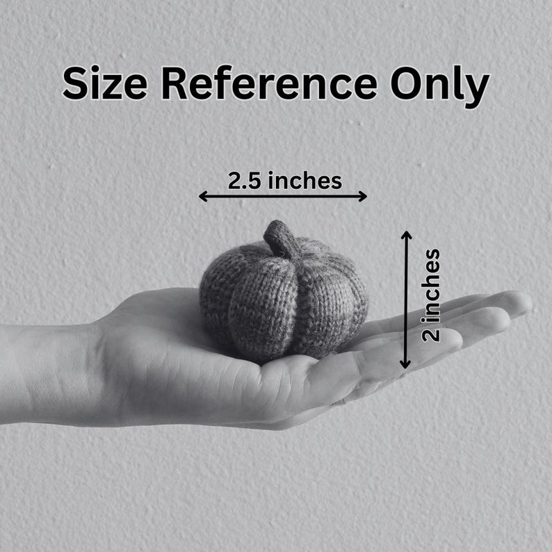 May include: A small, knitted pumpkin in shades of gray, measuring 2.5 inches wide and 2 inches tall. The pumpkin is held in a hand, with the text "Size Reference Only" above it.