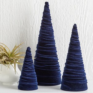 Velvet Cones Set of 3 Navy, Wedding Centerpiece, Minimalist Mantel Decor, Blue Christmas Decor, Tablescape Décor, Holiday Entryway, image 4